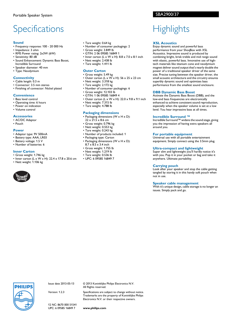 Specifications, Highlights | Philips SBA2900-37 User Manual | Page 2 / 2