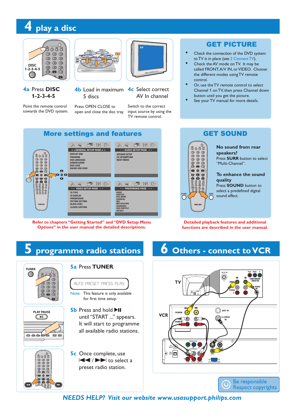 Play a disc, Programme radio stations, Others - connect to vcr | Get picture, More settings and features get sound, 4b load in maximum 5 discs, 4c select correct av in channel | Philips HTS5500C-37 User Manual | Page 2 / 2