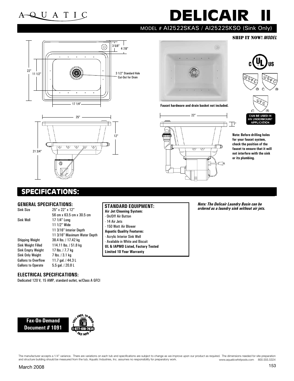 Aquatic AI2522SKAS User Manual | 1 page