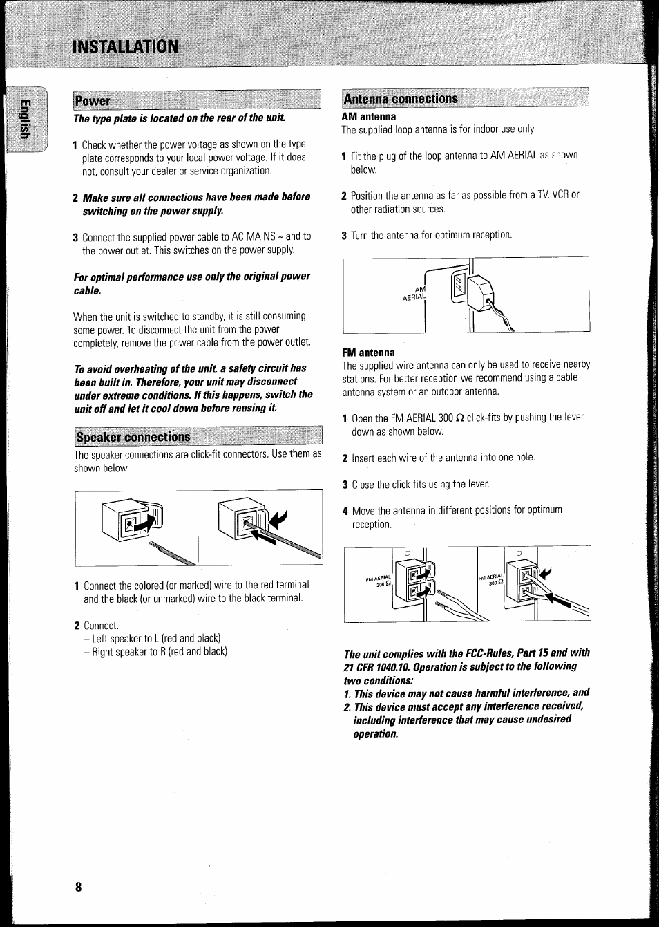 Installation, Antenna connections, Speaker connections | Am antenna, Fm antenna | Philips FWR8R37 User Manual | Page 14 / 98