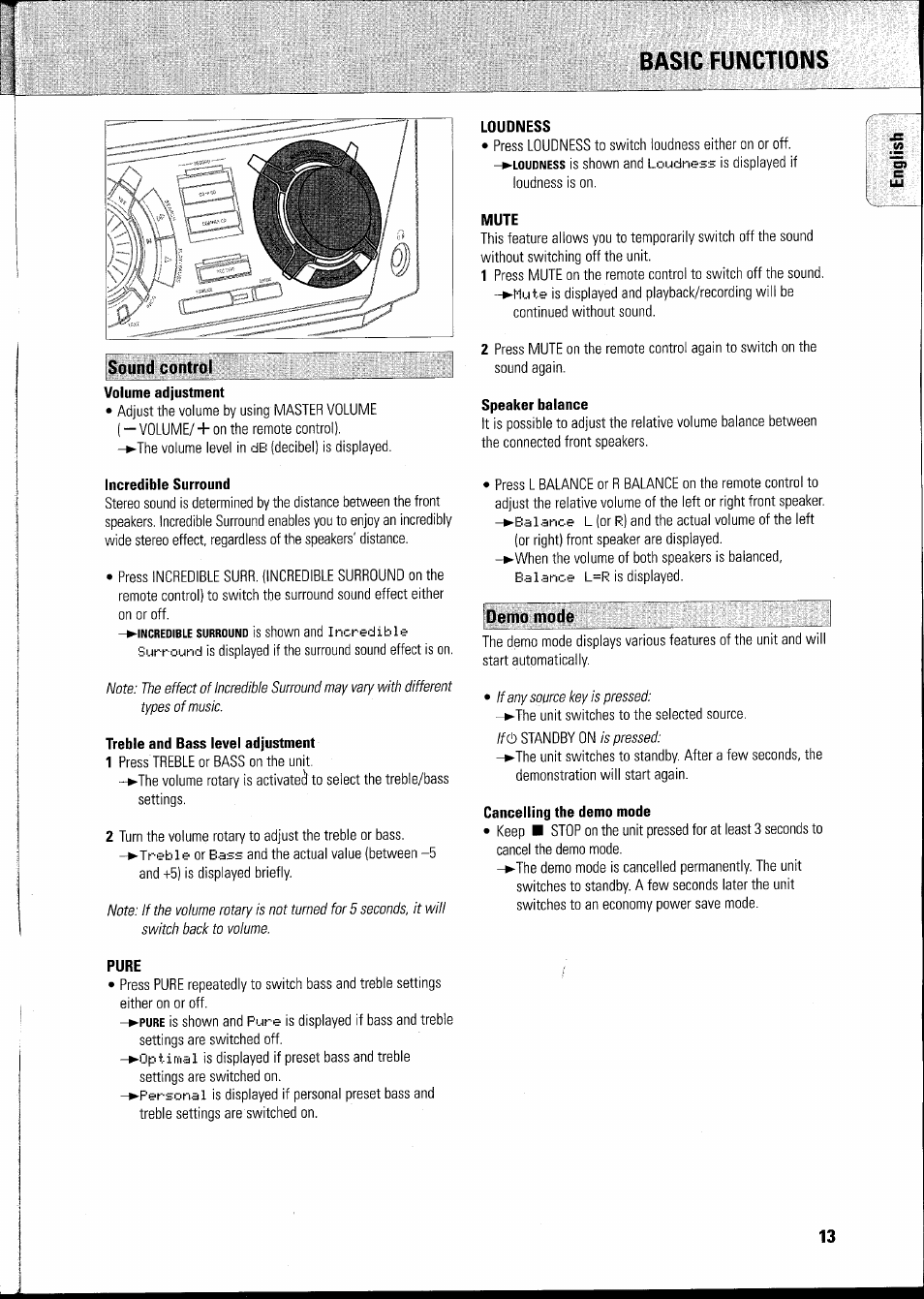 Basic functions, Sound control, Incredible surround | Treble and bass level adjustment, Loudness, Mute, Speaker balance, Demo mode, Pure | Philips FWR8R37 User Manual | Page 19 / 98