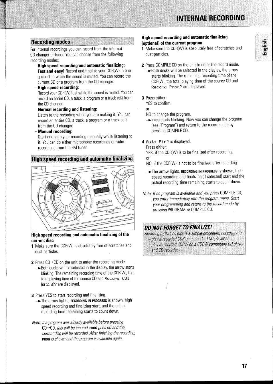 Recording modes, High speed recording and automatic finalizing, Internal recording | Philips FWR8R37 User Manual | Page 23 / 98
