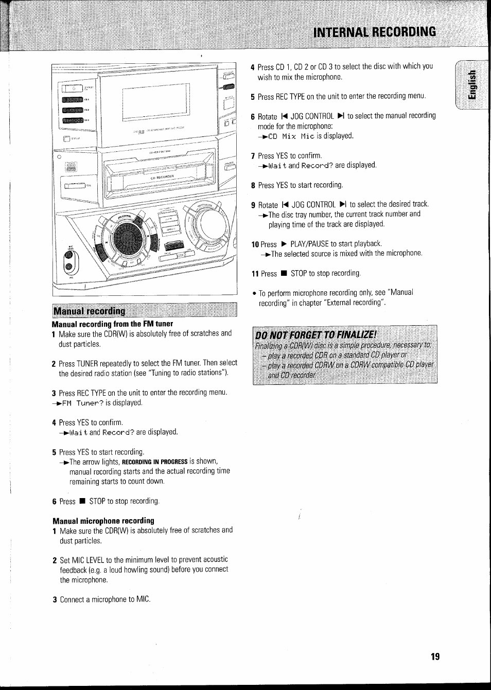 Manual microphone recording, Internal recording | Philips FWR8R37 User Manual | Page 25 / 98