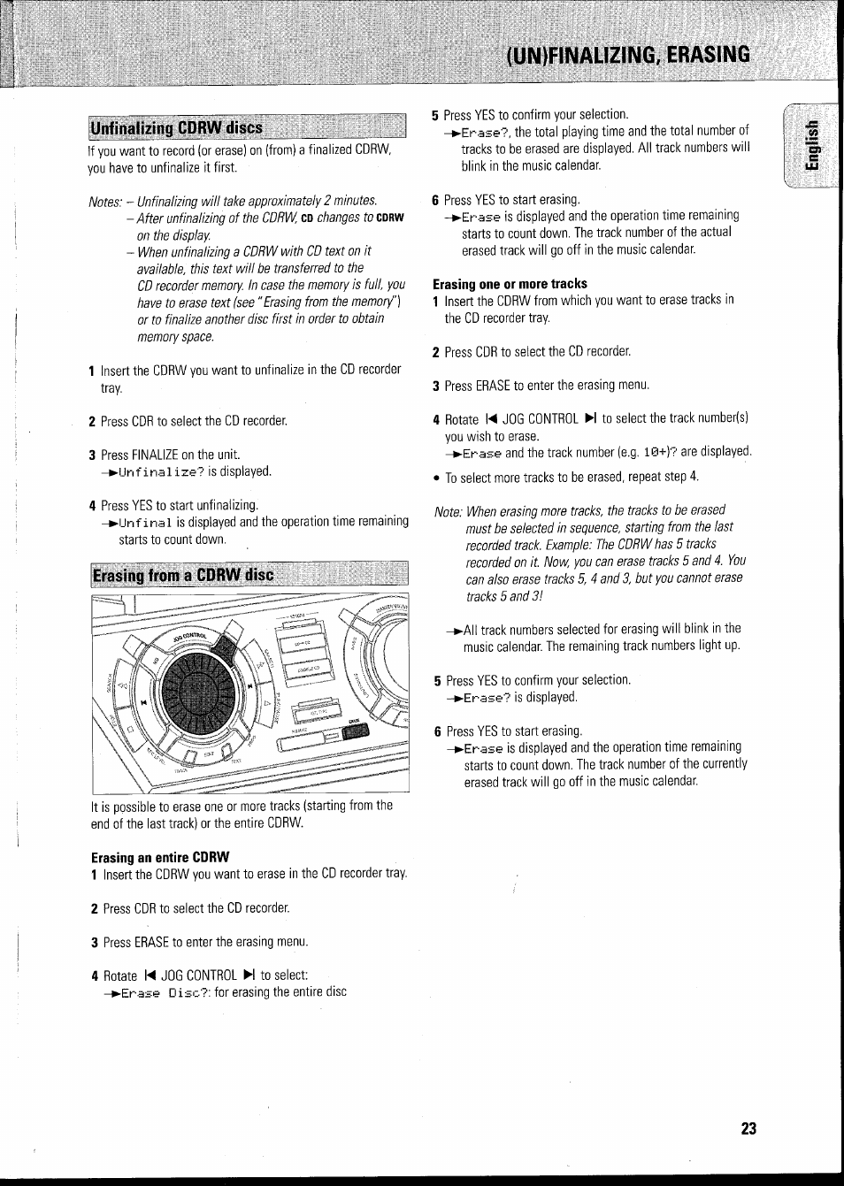 Un)finalizing, erasing, Erasing one or more tracks, Erasing an entire cdrw | M i i | Philips FWR8R37 User Manual | Page 29 / 98