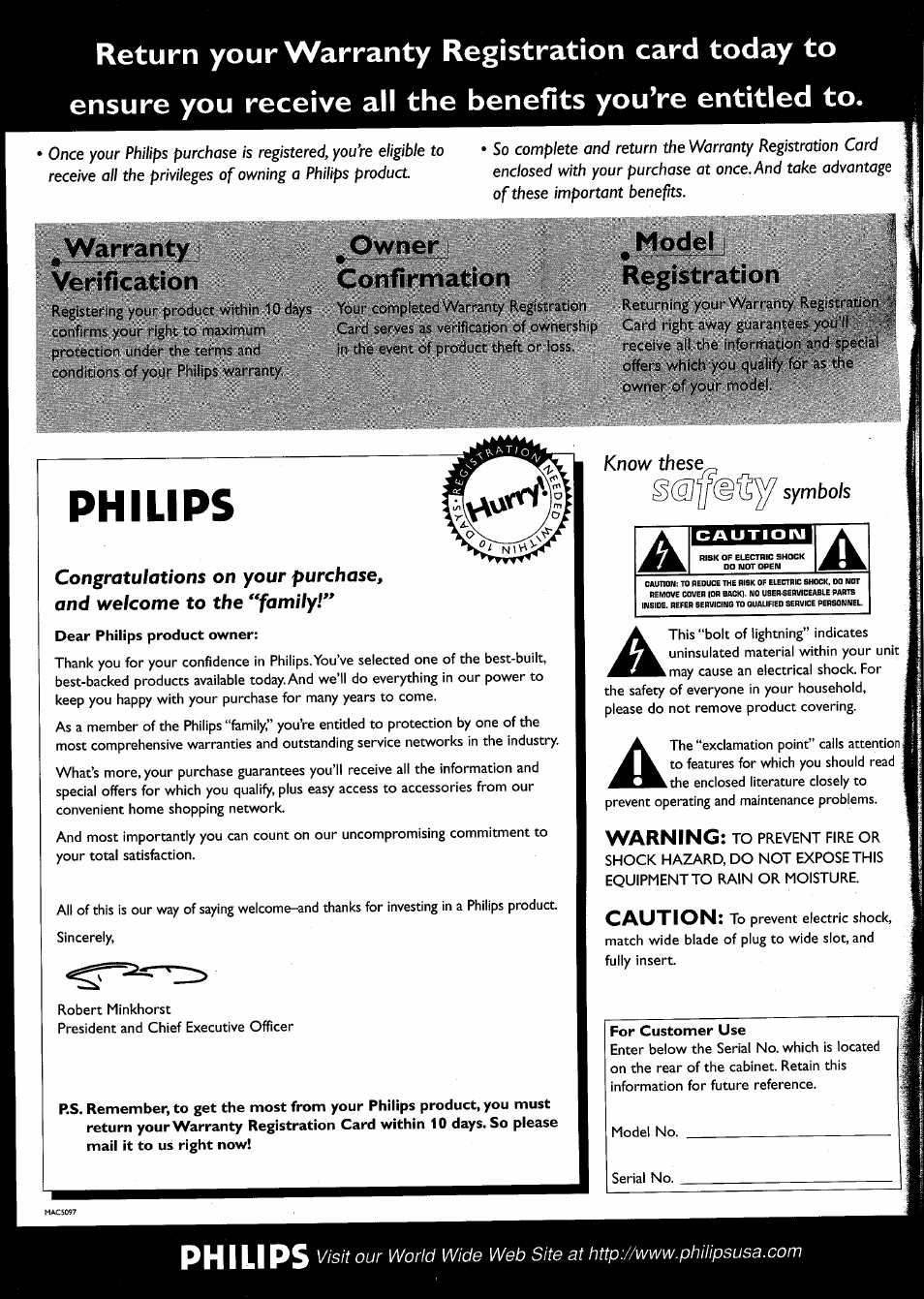 Warranty, Verification, Owner confirmation | Model, Registration, Philips, Warranty verification, Warning, Caution | Philips FWR8R37 User Manual | Page 3 / 98