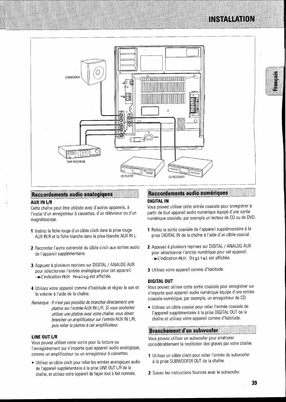 Installation, Iraccordements audio analogiques, Aux in 17r | Line out l/r, Raccordements audio numériques, Digital in, Digital dut, Branchement d'un subwoofer, Raccordements audio analogiques | Philips FWR8R37 User Manual | Page 45 / 98