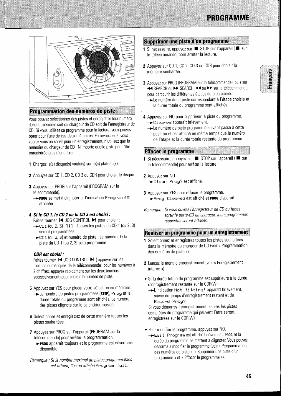 Programme, Supprimer une piste d'un programme, Programmation des numéros de piste | Effacer le programme, Réaliser un programme pour un enregjstrej^ent, Programmation des numéros de pista, Réaliser un programme pour un enregistrement | Philips FWR8R37 User Manual | Page 51 / 98