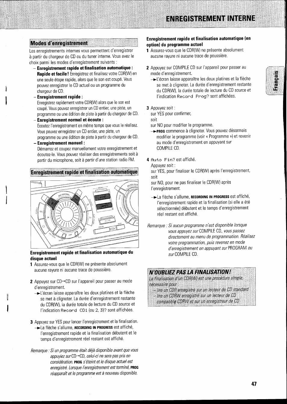 Modes d'enregistrement, Disque actuel, Enregistrement rapide et finalisation automatique | Enregistrement interne | Philips FWR8R37 User Manual | Page 53 / 98