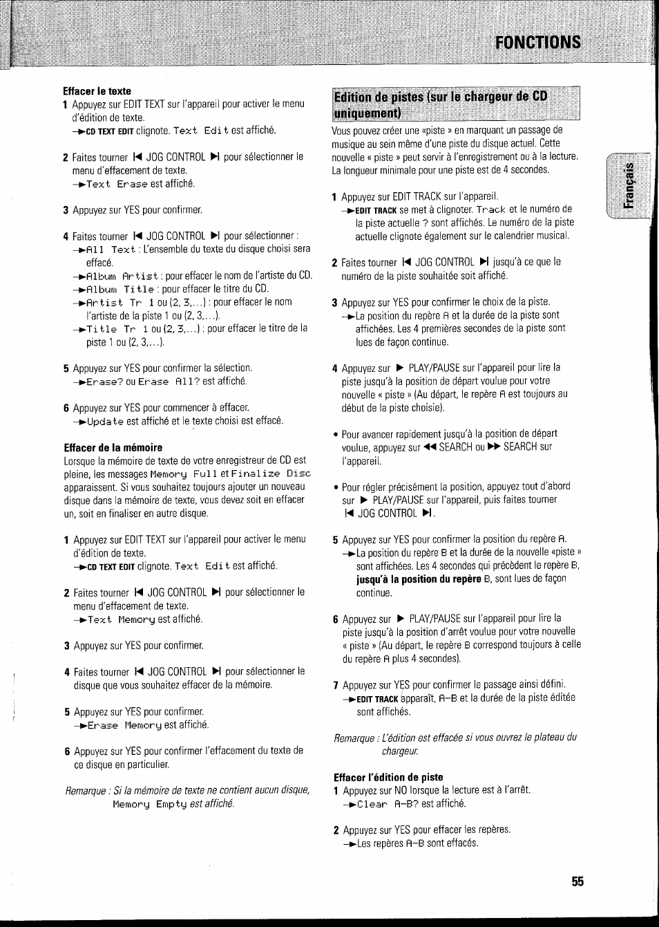 Fonctions, Effacer le texte, Effacer de la mémoire | Effacer l'édition de piste | Philips FWR8R37 User Manual | Page 61 / 98