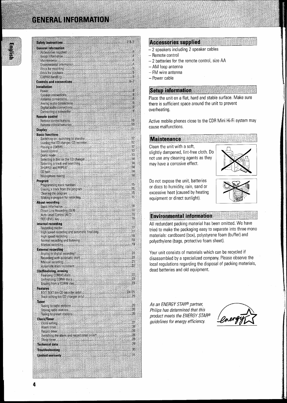 General information, Accessories supplied, Isetup information | Maintenance, Environmental information | Philips FWR8R37 User Manual | Page 7 / 98