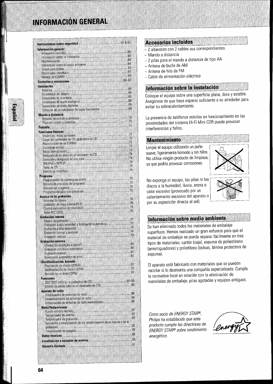 Informacion general, Accesorios incluidos, Información sobre la instalación | Mantenimiento, Información sobre medio ambiente | Philips FWR8R37 User Manual | Page 70 / 98