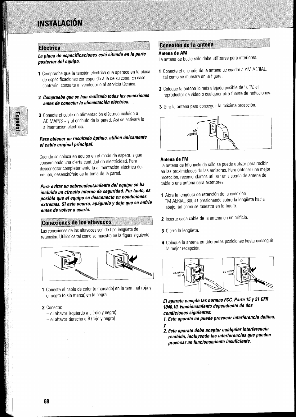 Instalación, Eléctrica, Conexiones de los altavoces | Conexión de la antena, Antena de am, Antena de fm, Conexiones del altavoz, Conexiones de la antena | Philips FWR8R37 User Manual | Page 74 / 98