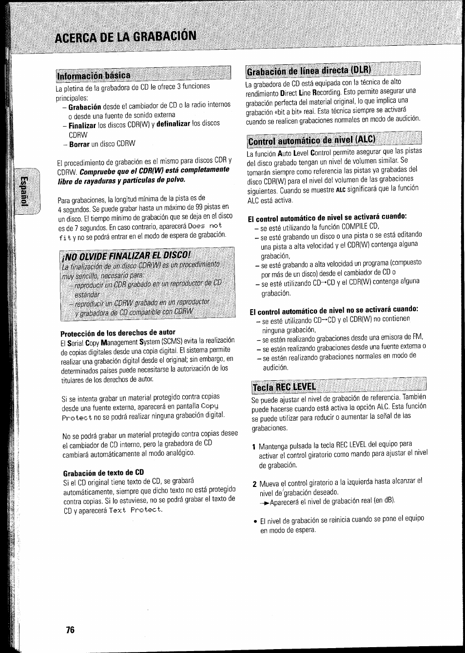 Acerca de la grabacion, Información básica, Protección de los derechos de autor | Grabación de texto de cd, Grabación de línea directa (dlr) j, Control autom^átíco de nivel (alc), El control automático de nivel se activará cuando, Tecla rec level, Grabación de linea directa (dlri, Control automático do nivel (alc) | Philips FWR8R37 User Manual | Page 82 / 98