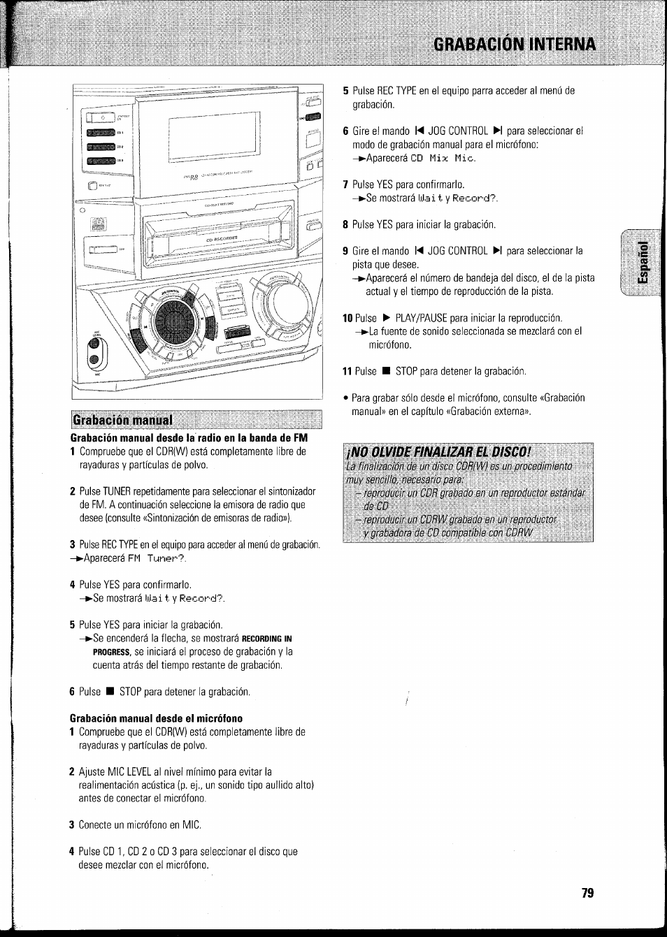 Grabación manual, Grabación manual desde el micrófono, Grabación interna | Philips FWR8R37 User Manual | Page 85 / 98