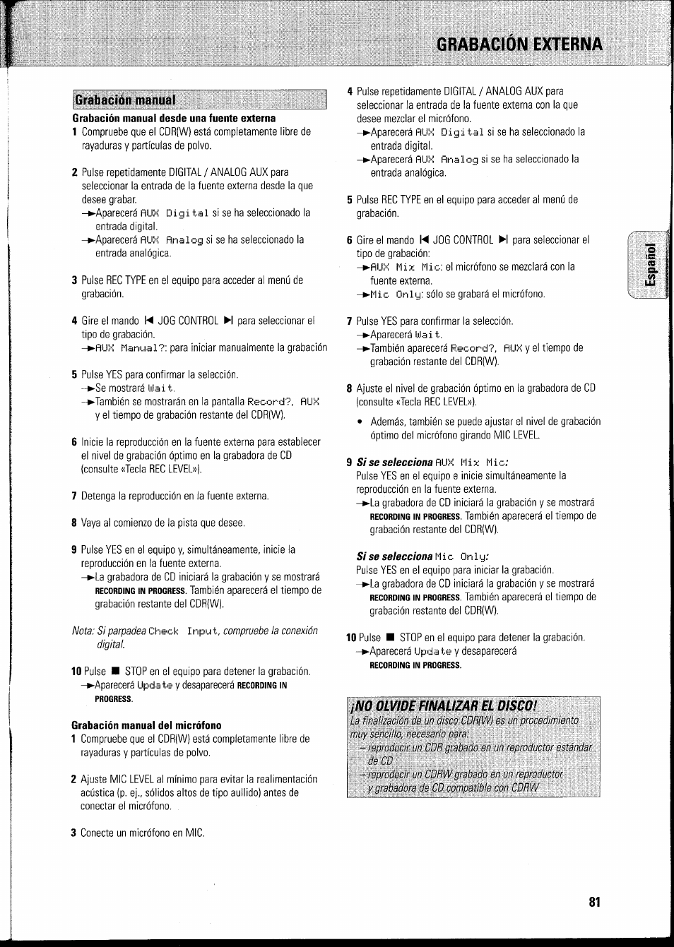 Grabación manual del micrófono, Grabacion externa | Philips FWR8R37 User Manual | Page 87 / 98