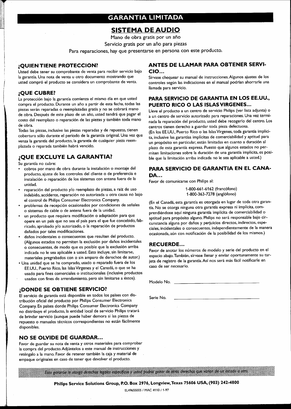 Que excluye la garantia, Garantia limitada sistema de audio | Philips FWR8R37 User Manual | Page 97 / 98