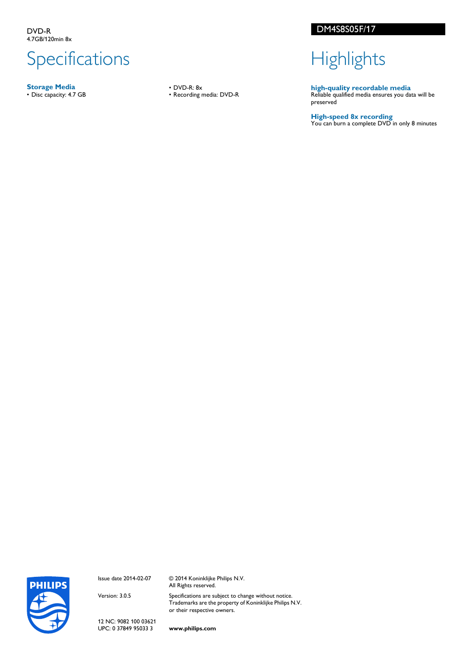 Specifications, Highlights | Philips DM4S8S05F-17 User Manual | Page 2 / 2