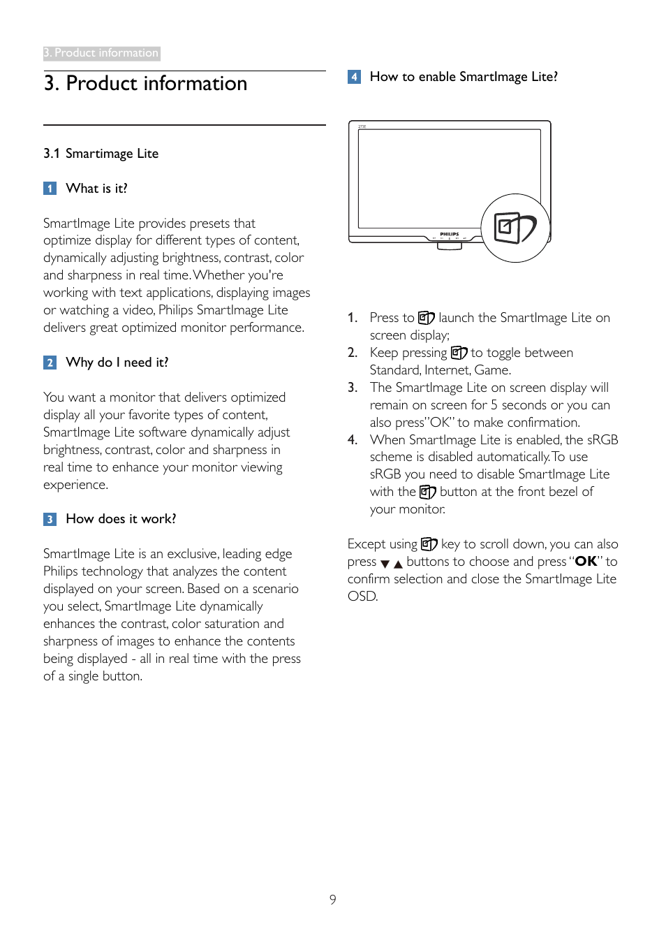 Product information | Philips LCD monitor 273E3SB E-line 27" - 68.6cm with SmartImage Lite User Manual | Page 11 / 52