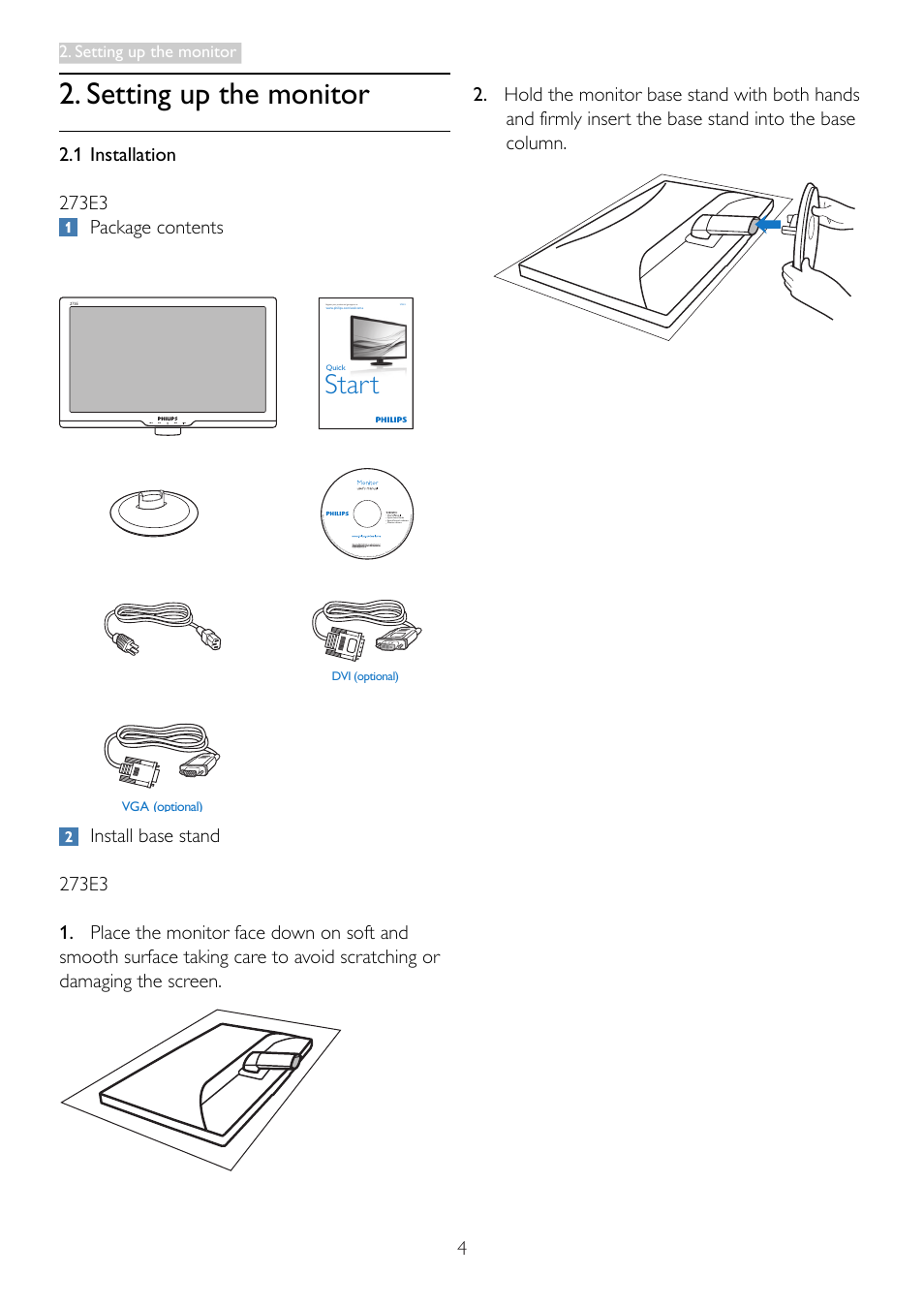 Setting up the monitor, Start | Philips LCD monitor 273E3SB E-line 27" - 68.6cm with SmartImage Lite User Manual | Page 6 / 52