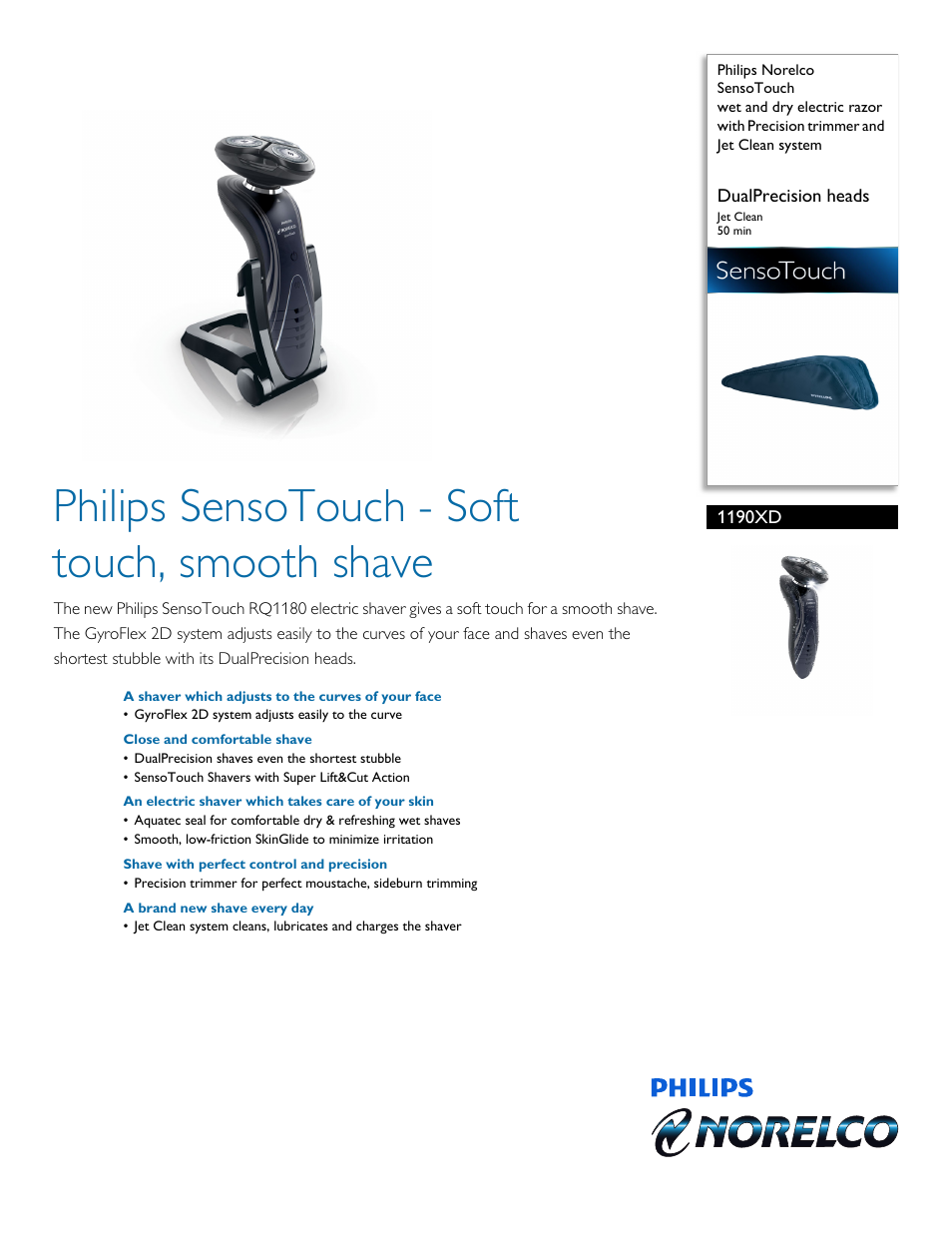 Philips Norelco SensoTouch wet and dry electric razor 1190XD DualPrecision heads Jet Clean 50 min with Precision trimmer and Jet Clean system User Manual | 3 pages