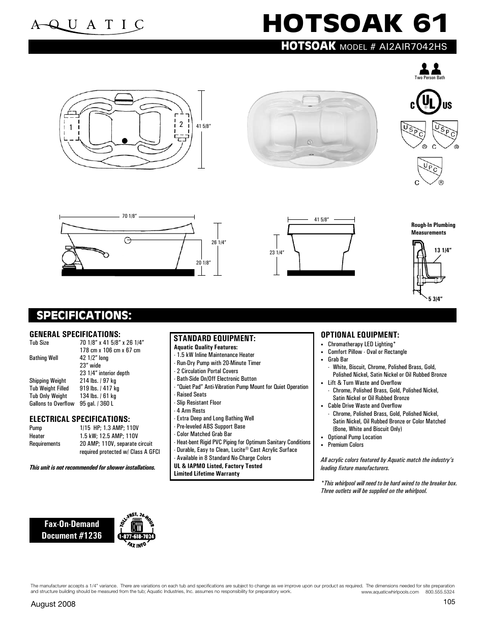 Aquatic HOTSOAK 61 AI2AIR7042HS User Manual | 1 page