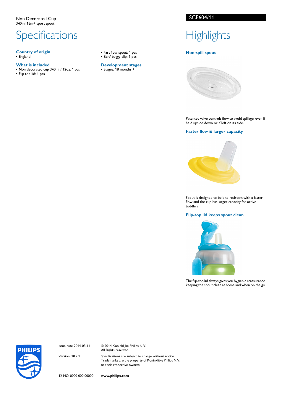 Specifications, Highlights | Philips SCF604-11 User Manual | Page 2 / 2