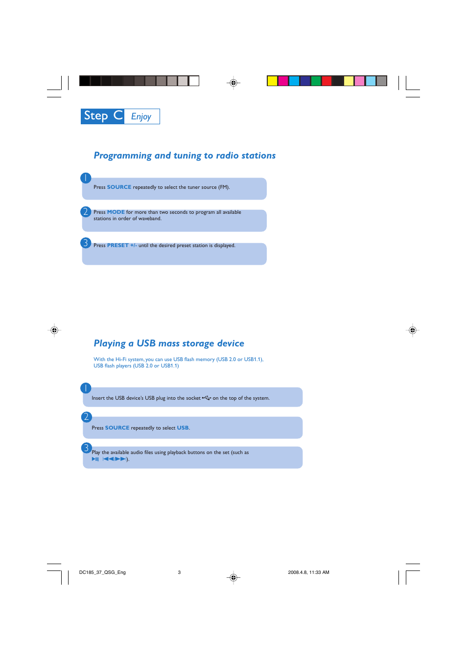 Playing a usb mass storage device, Programming and tuning to radio stations 1 2 3, Enjoy | Philips DC185-37 User Manual | Page 3 / 4