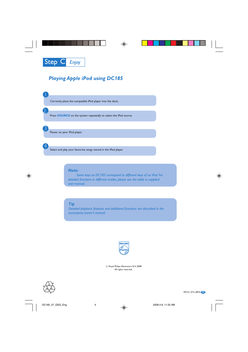 Enjoy, Playing apple ipod using dc185 1 | Philips DC185-37 User Manual | Page 4 / 4