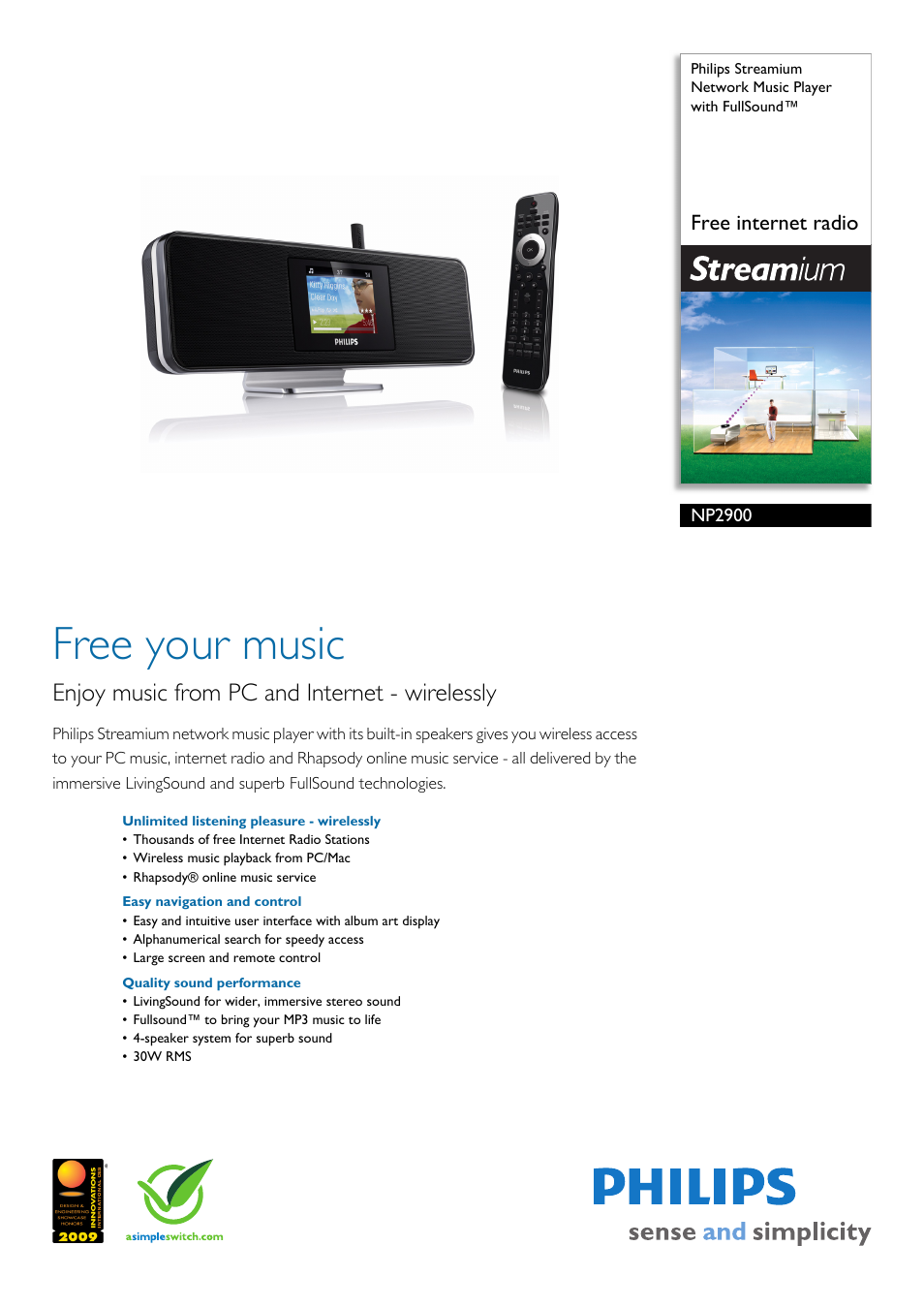 Philips Streamium Network Music Player NP2900 Free internet radio with FullSound™ User Manual | 3 pages