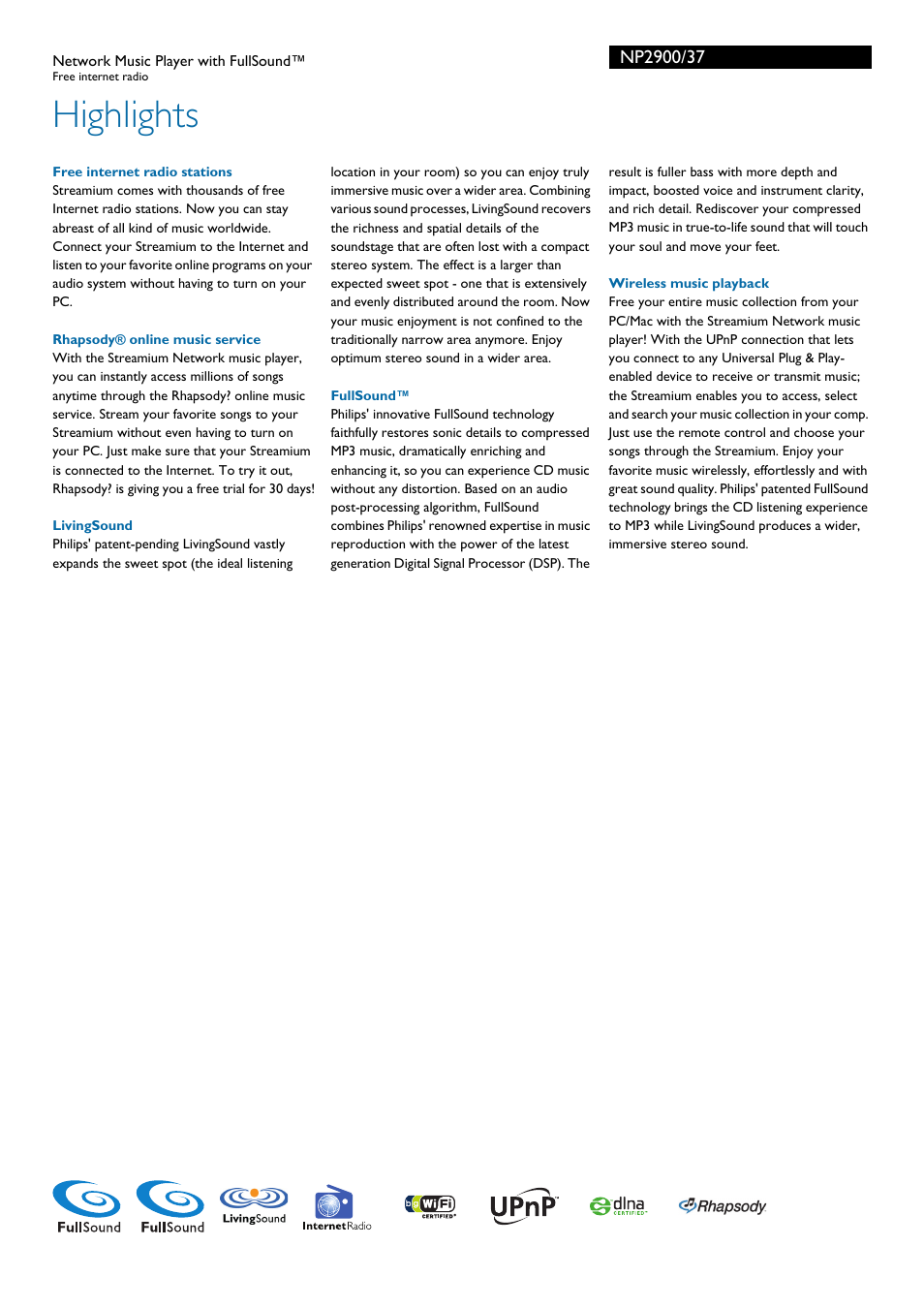 Highlights | Philips Streamium Network Music Player NP2900 Free internet radio with FullSound™ User Manual | Page 2 / 3