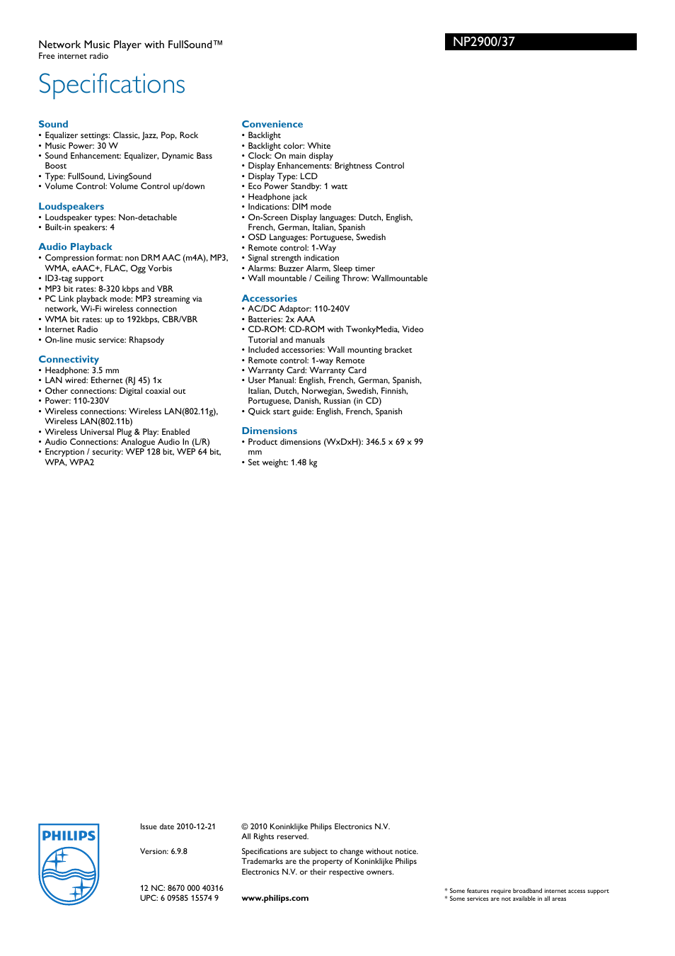 Specifications | Philips Streamium Network Music Player NP2900 Free internet radio with FullSound™ User Manual | Page 3 / 3