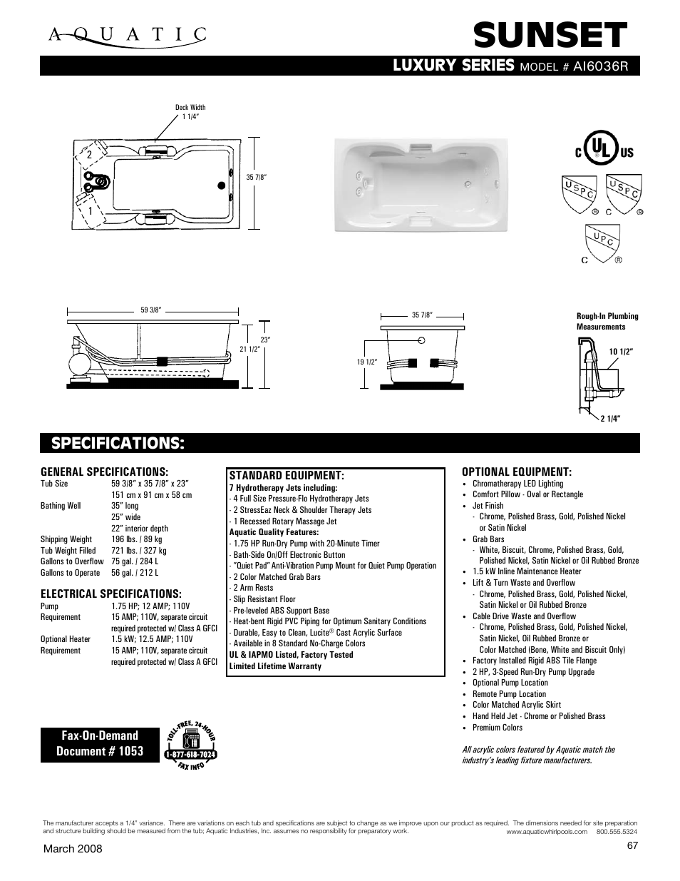 Aquatic SUNSET AI6036R User Manual | 1 page
