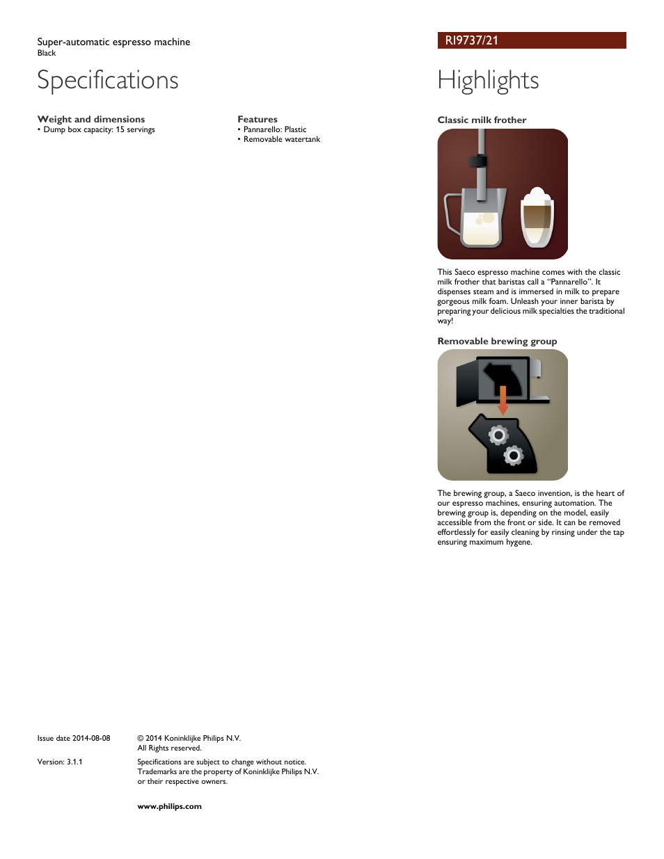 Specifications, Highlights | Philips RI9737-21 User Manual | Page 2 / 2