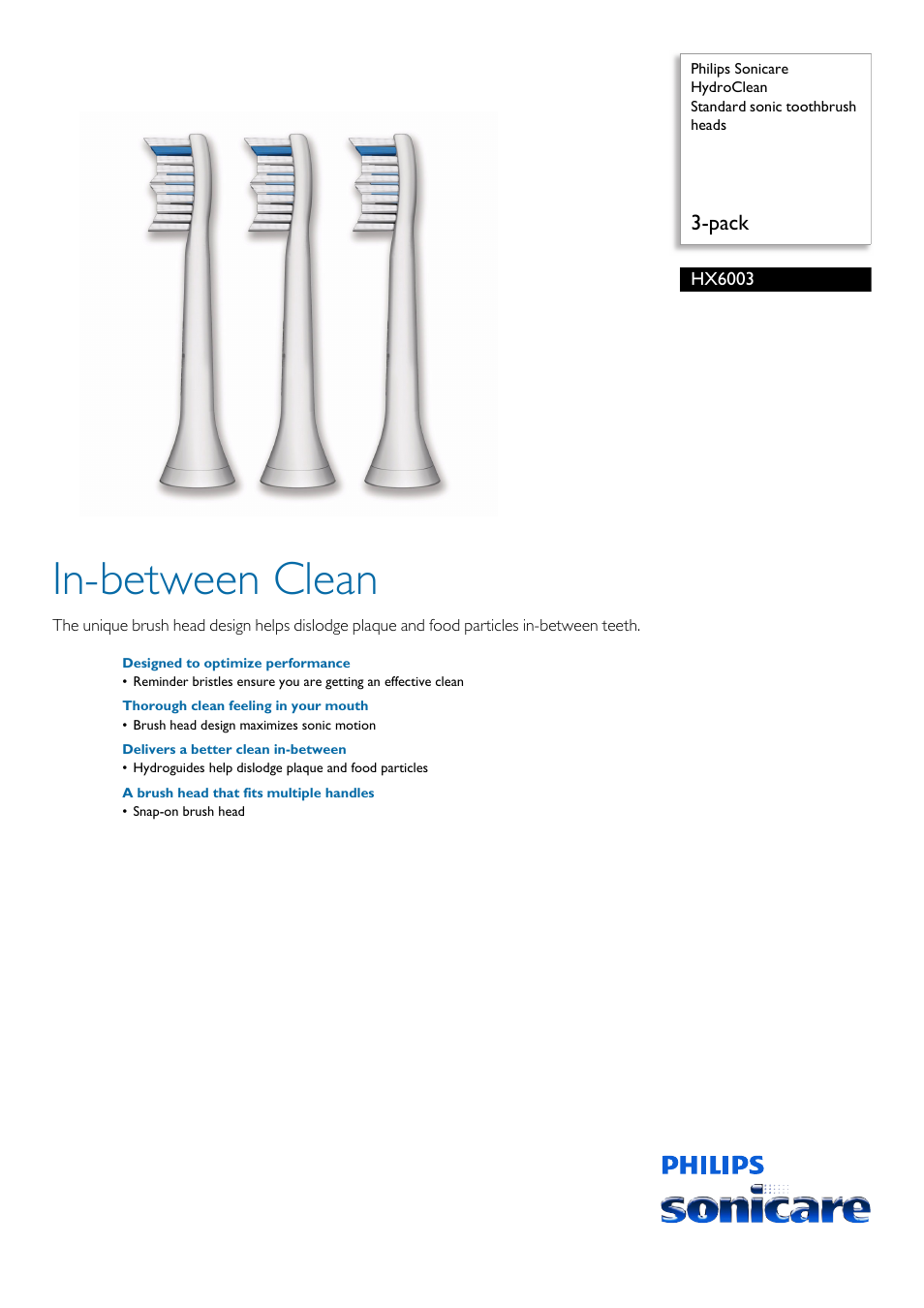 Philips Sonicare HydroClean Standard sonic toothbrush heads HX6003 3-pack User Manual | 2 pages