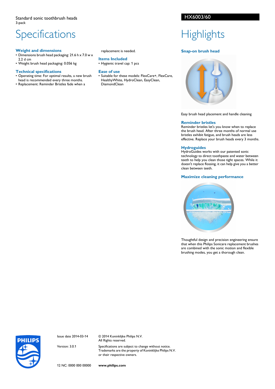 Specifications, Highlights | Philips Sonicare HydroClean Standard sonic toothbrush heads HX6003 3-pack User Manual | Page 2 / 2