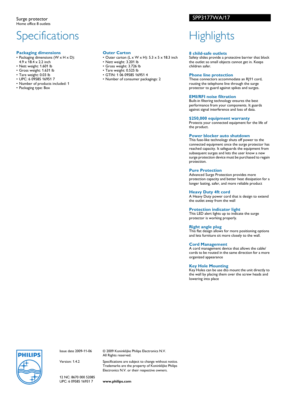 Specifications, Highlights | Philips SPP3177WA-17 User Manual | Page 2 / 2