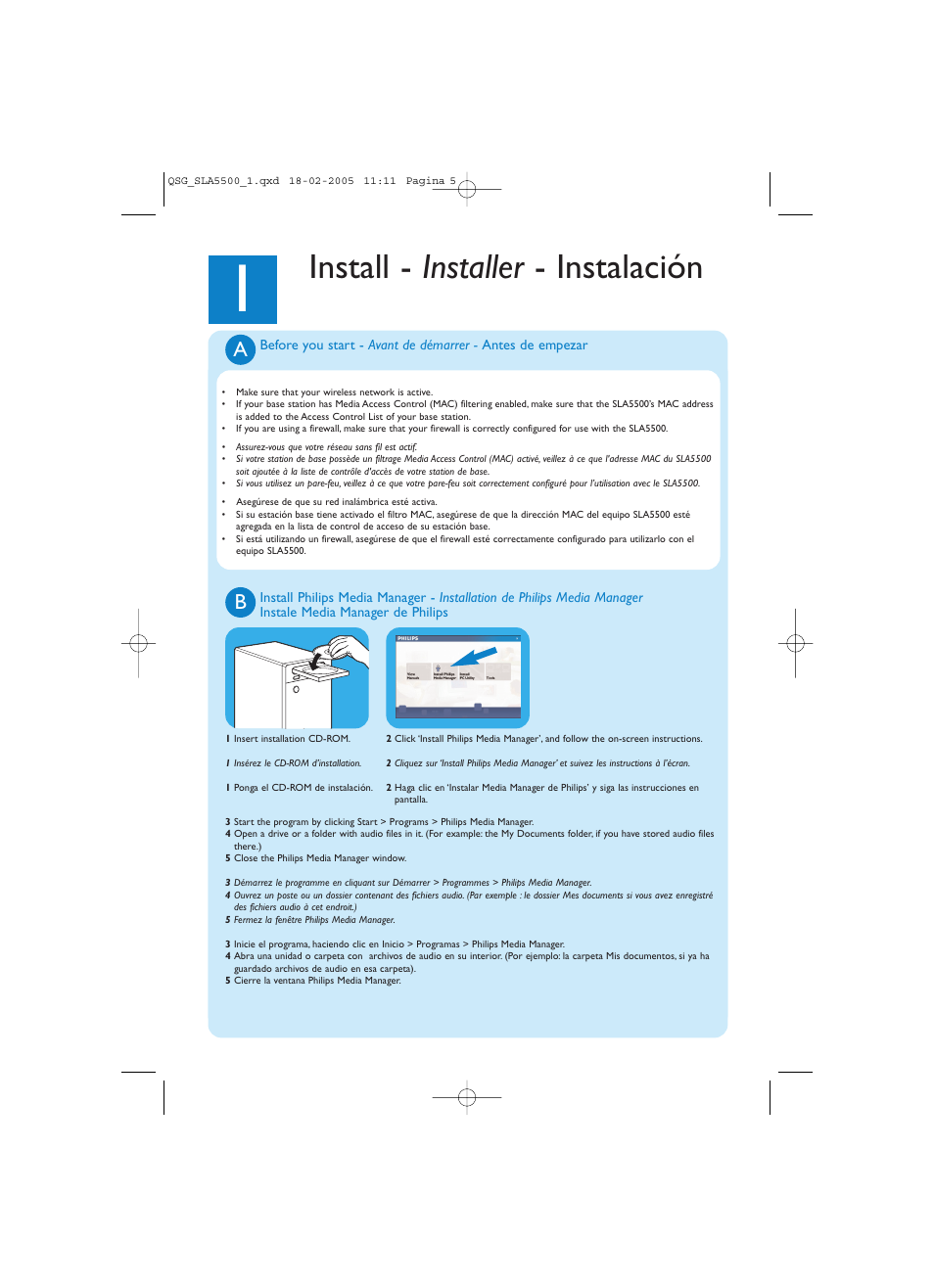 Install - installer - instalación | Philips SLA5500NS-17 User Manual | Page 5 / 8