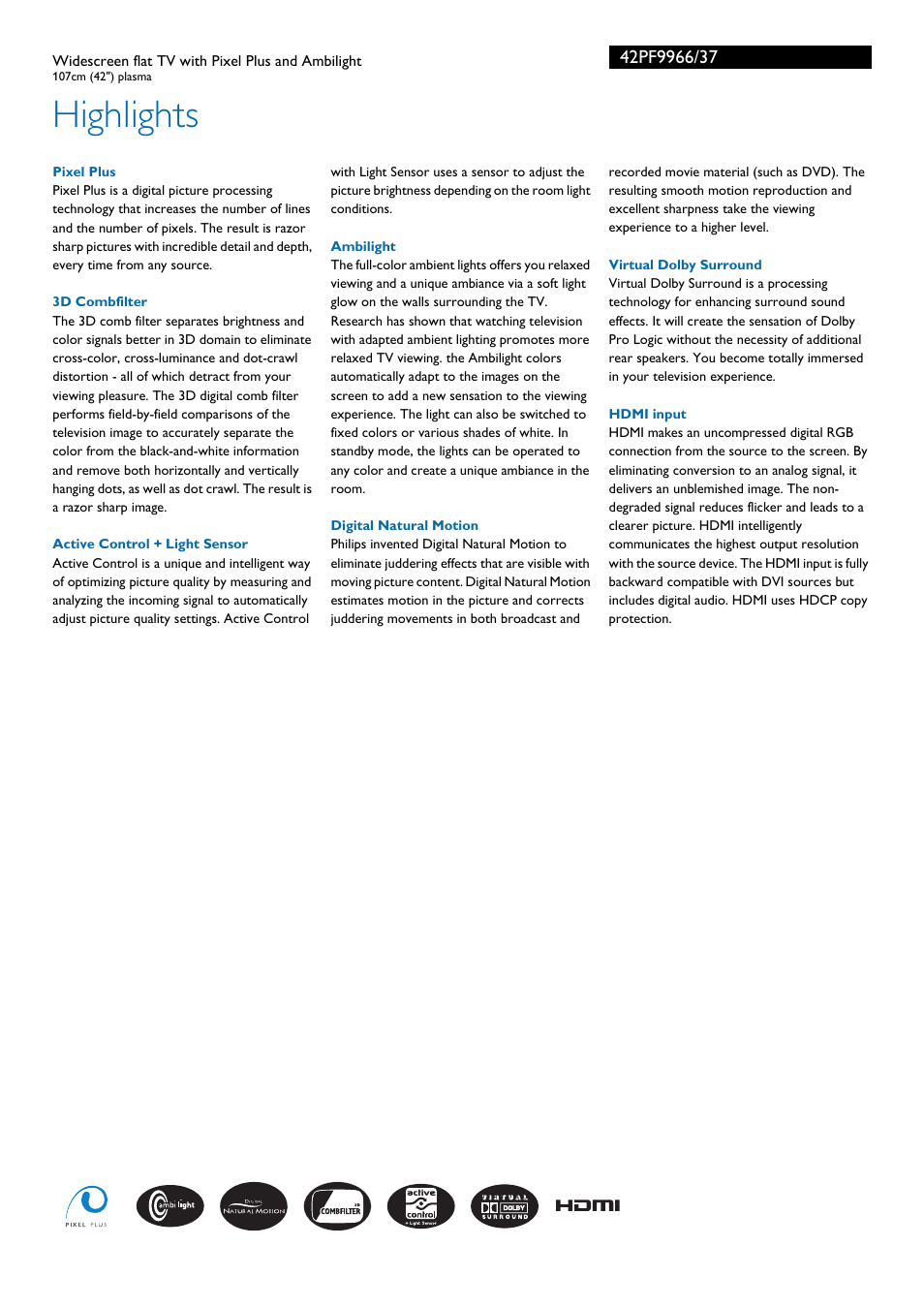 Highlights | Philips 42PF9966-37 User Manual | Page 2 / 3