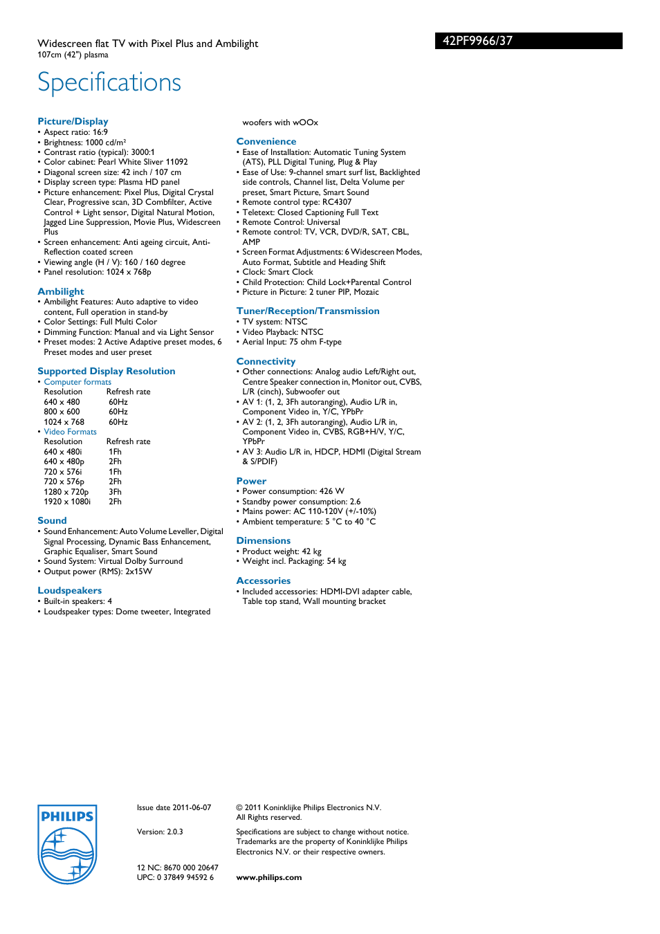 Specifications | Philips 42PF9966-37 User Manual | Page 3 / 3