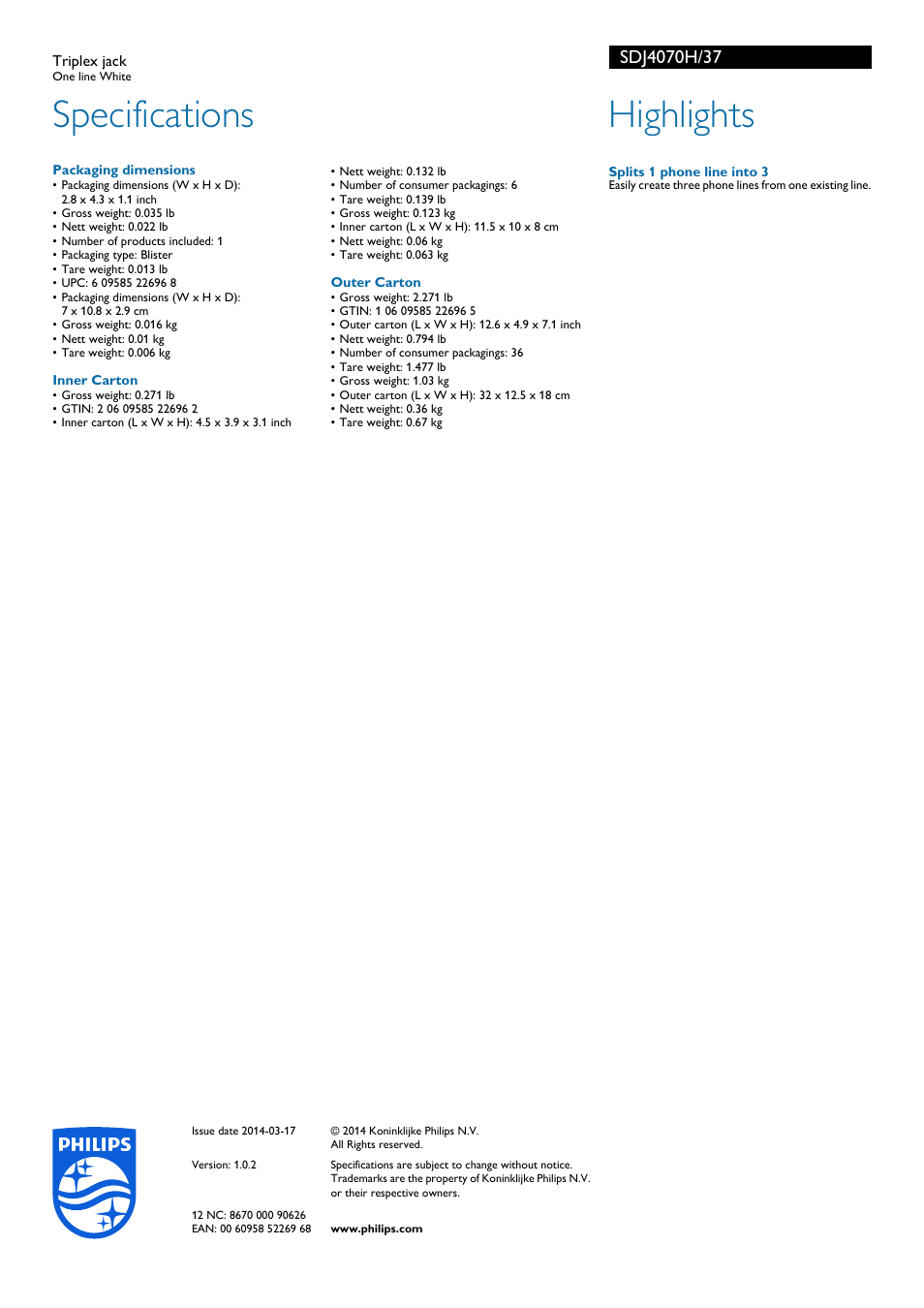 Specifications, Highlights | Philips SDJ4070H-37 User Manual | Page 2 / 2