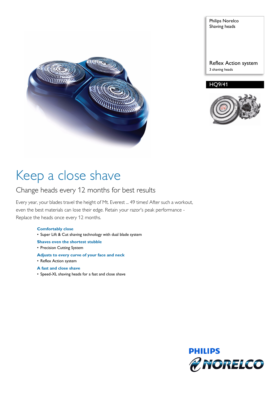 Philips Norelco Shaving heads HQ9-41 Reflex Action system 3 shaving heads User Manual | 2 pages