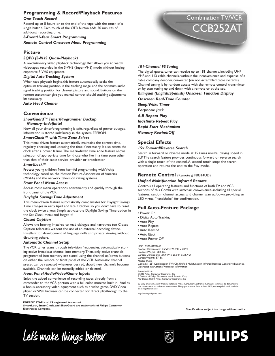 Ccb252at, Combination tv/vcr | Philips CCB252AT User Manual | Page 2 / 2