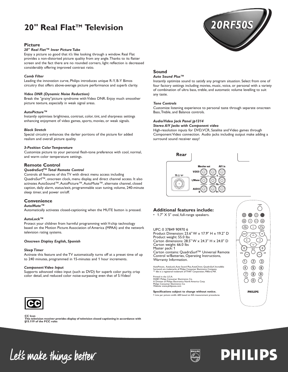 20rf50s, 20 " real flat, Television | Philips 20RF50S User Manual | Page 2 / 2