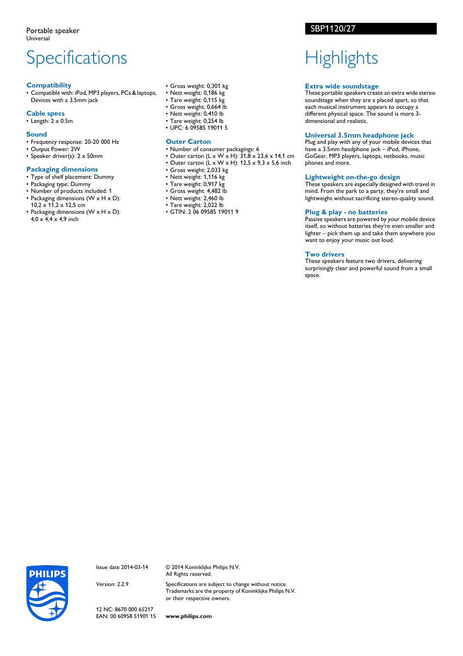 Specifications, Highlights | Philips SBP1120-27 User Manual | Page 2 / 2