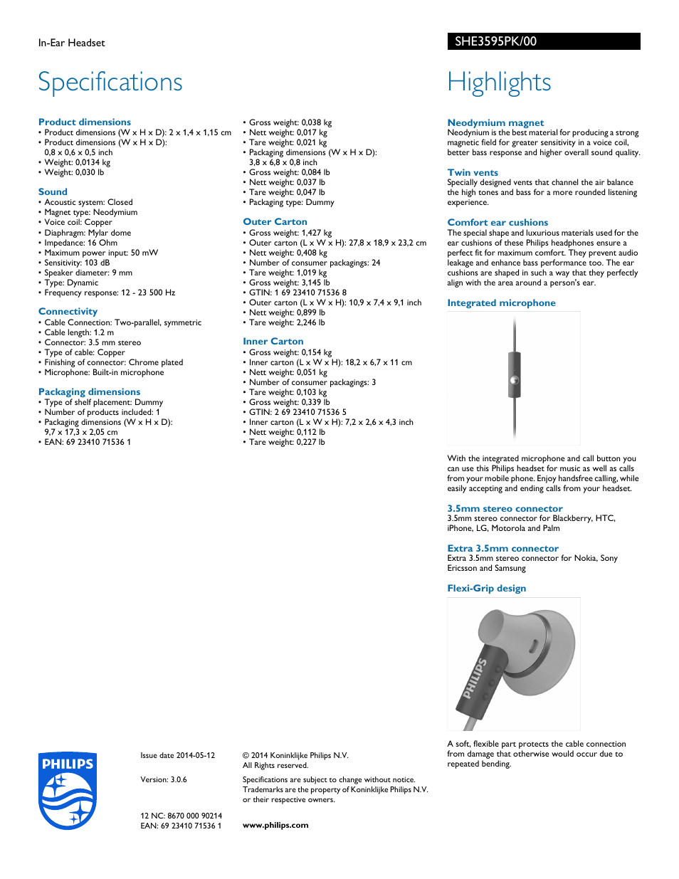 Specifications, Highlights | Philips SHE3595PK-00 User Manual | Page 2 / 2