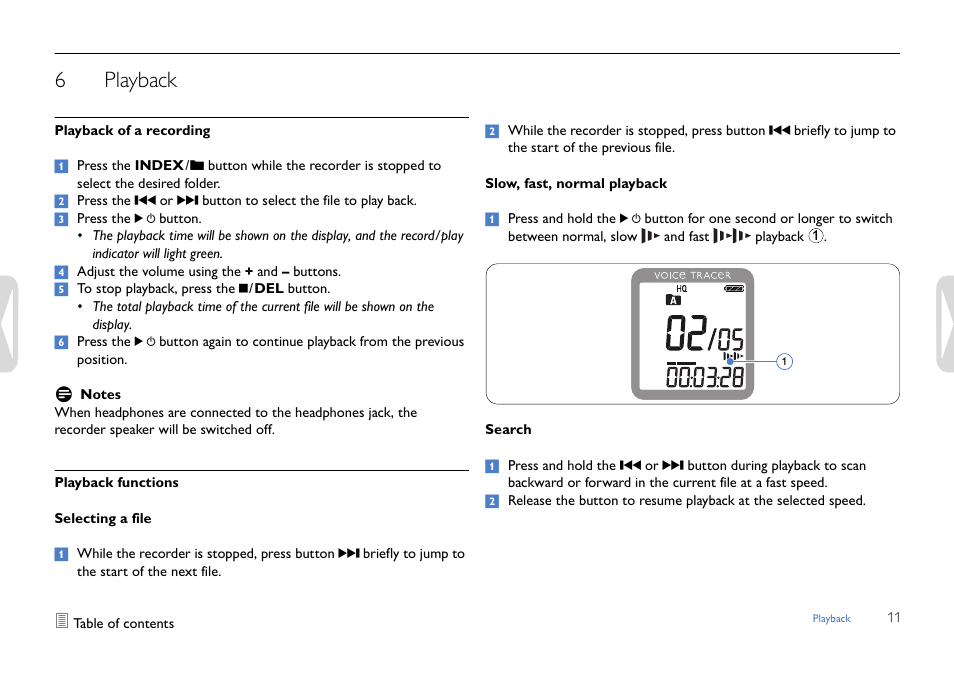 Playback, Playback of a recording, Playback functions | 6playback | Philips LFH0642-27 User Manual | Page 11 / 20