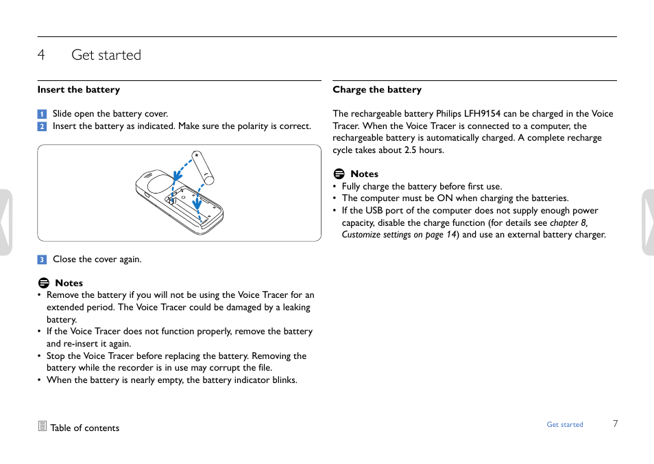 Get started, Insert the battery, Charge the battery | 4get started | Philips LFH0642-27 User Manual | Page 7 / 20