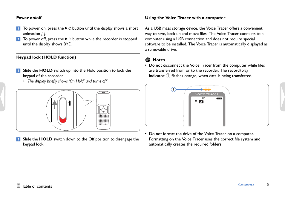 Power on/off, Keypad lock (hold function), Using the voice tracer with a computer | Philips LFH0642-27 User Manual | Page 8 / 20