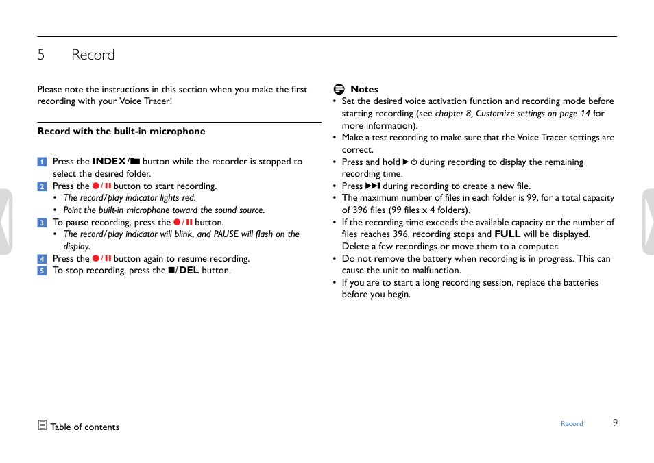 Record, Record with the built-in microphone, 5record | Philips LFH0642-27 User Manual | Page 9 / 20