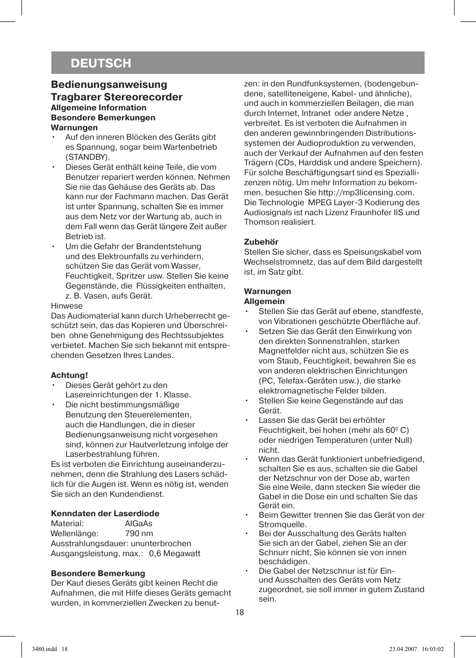 Deutsch, Bedienungsanweisung tragbarer stereorecorder | Vitek VT-3480 GY User Manual | Page 18 / 88